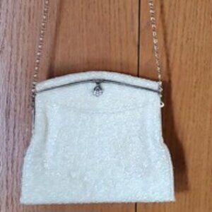  Vintage Carlo Fellini Beaded & Sequined White Evening Bag w/ silver chain